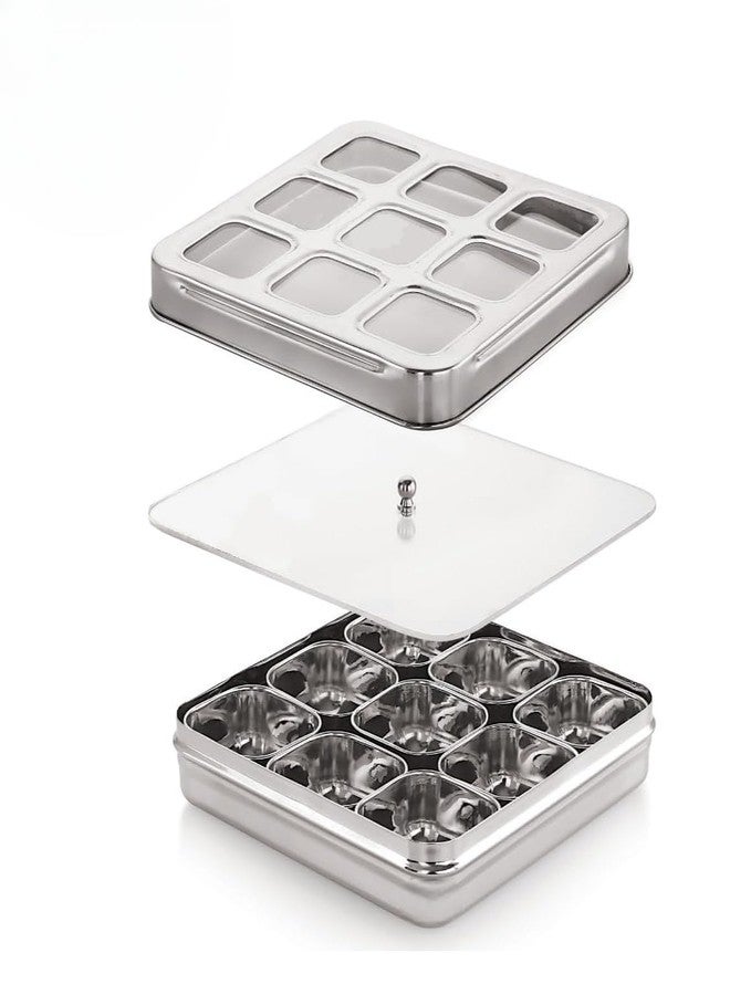 VISAXMI Stainless Steel Masala Box For Kitchen | Spice Box For Kitchen | Masala Dabba Steel | Airtight Masala Dani With 9 Square Bowl & See Through Lid | Square Spice Organiser 1 Spoon,Silver - Image 4